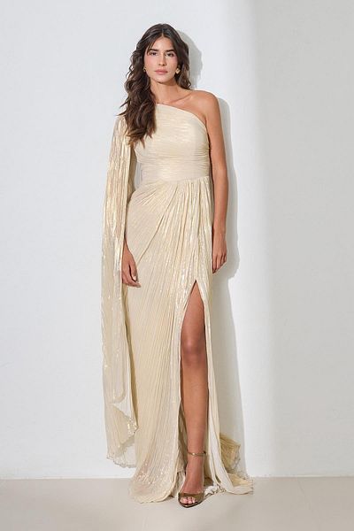 Setre Bone Gold One Shoulder Drape Detailed Full Mold Long Evening Dress