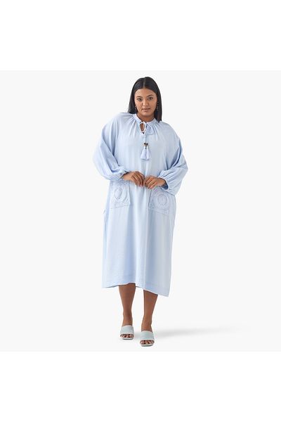 Ulla Popken Plus Size Ulla Popken Crochet Pocket Dress with Tie-Up Neck