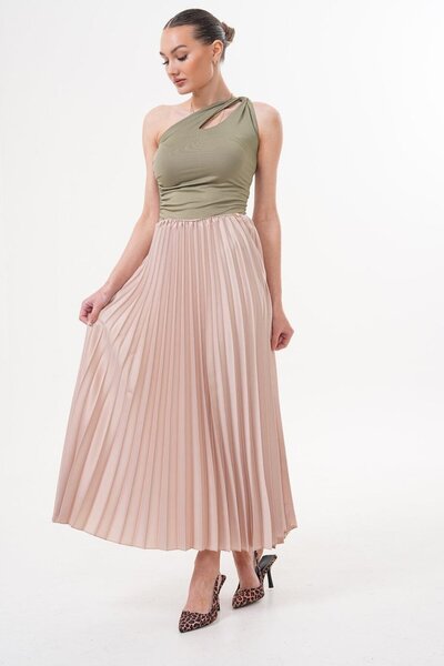 Flame İstanbul Butik Fusta bej plisată din satin cu talie elastică - SRP9438