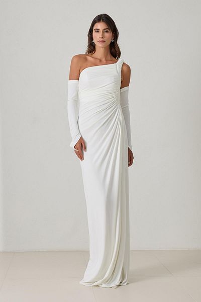 Setre Bone One Shoulder Wearable Sleeve Detailed Side Slit Long Evening Dress