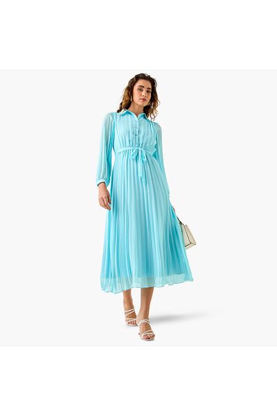 FAV Pleated Midi Dress with Collar and Tie-Up Belt