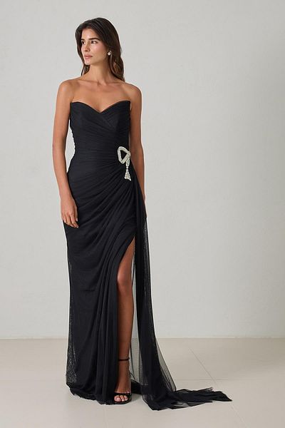 Setre Black Full Molded Waist Bow and Tulle Detailed Slit Long Evening Dress