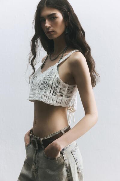 SHERIN Ecru Lace-Up Crop Top