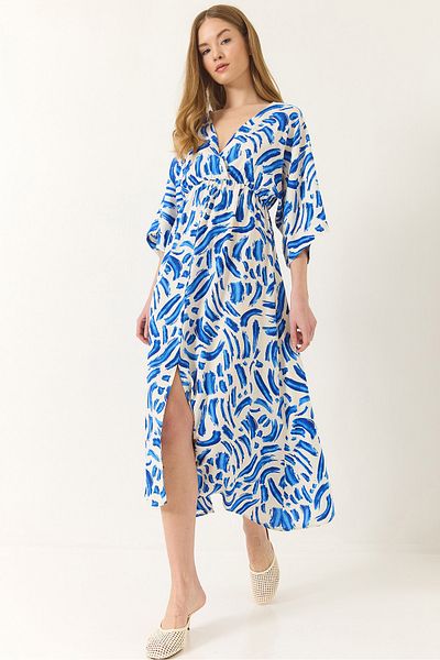 Bianco Lucci Women's Wrap Collar Elastic Waist Patterned Summer Viscose Dress 60283225