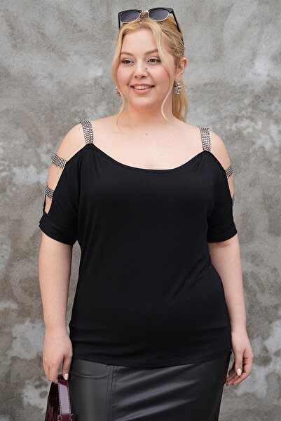 Siyezen Μπλούζα μεγάλου μεγέθους με ανοιχτούς ώμους και λαμπερές πέτρες