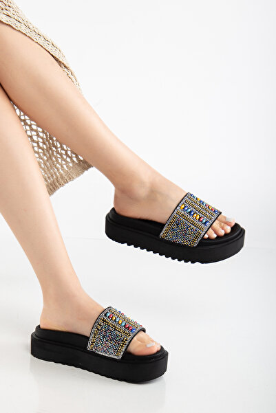 Reyonda ayakkabı Γυναικείες Ορθοπεδικές Παντόφλες Μαύρες Μονόμπαντ με Φυσική Πέτρα