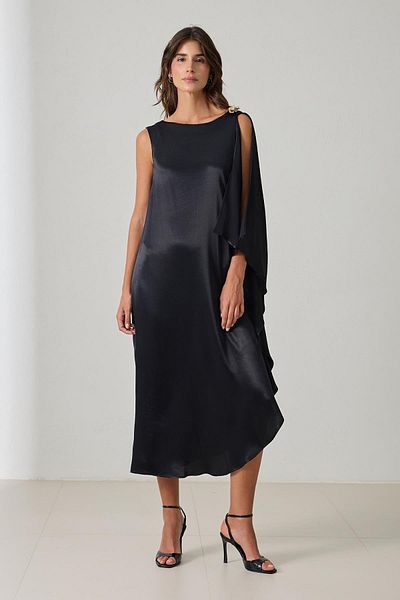 Setre Black One Sleeve and Shoulder Buckle Detailed Midi Length Relaxed Cut Dress