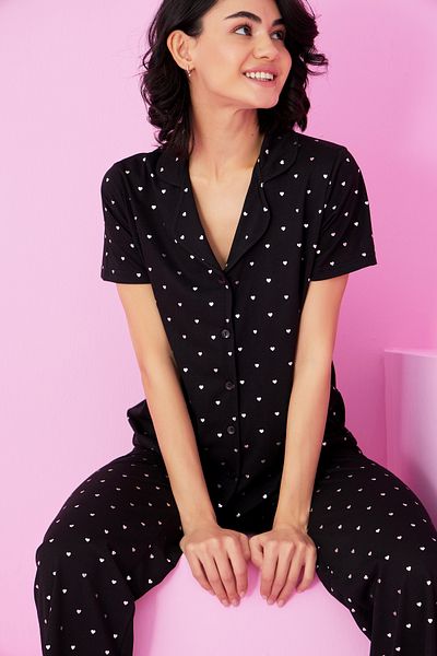 Siyah İnci Black Heart Foil Printed Knitted Buttoned Pajama Suit7846