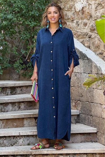 Nevin Kaya Moda Rochie cămașă cu vopsea albastră