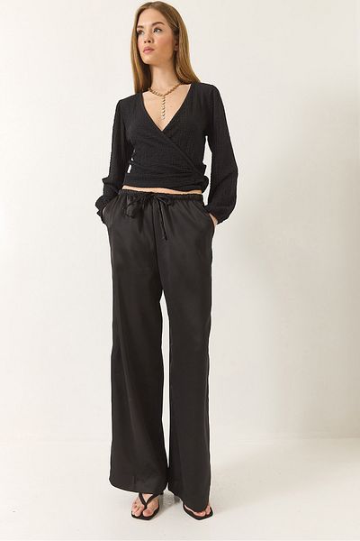Bianco Lucci Women's Tie Waist Pocket Detailed Satin Palazzo Trousers 60283223