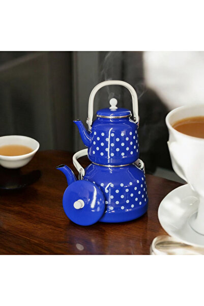 qussine طقم إبريق شاي مطلي بالمينا باللون الأزرق مع حامل علوي سعة 3.5 لتر
