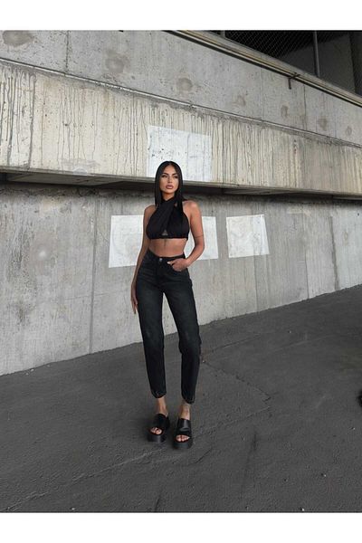 SHEVEGA Women Black Stitched High Laser Ripped Boyfriend Mom Jeans Denim Pants