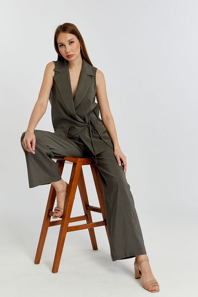 Bolivente Khaki Regular Fit Lined Woven Vest with Waist Tie Detail