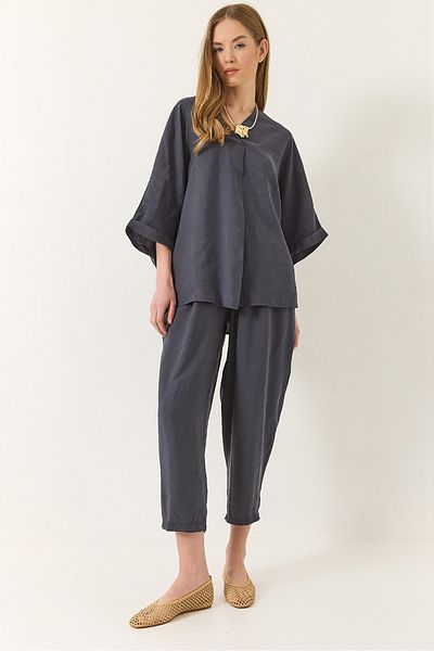 Bianco Lucci Women's V Neck Bat Sleeve Blouse Elastic Waist Pants Modal Set 60283237