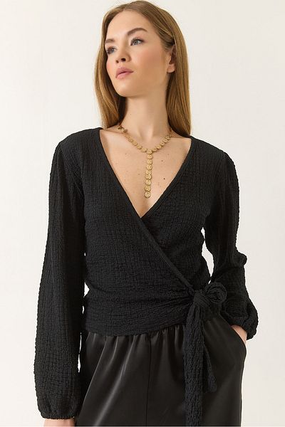 Bianco Lucci Women's Double Breasted Collar Long Sleeve Seersucker Blouse with Lacing Detail 0441 60283229
