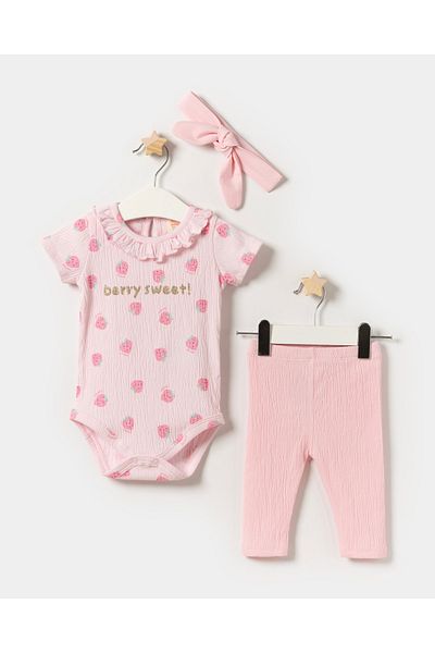 Minipodyum Baby Girl Bodysuit Knitted Muslin Bandana Summer Set of 3