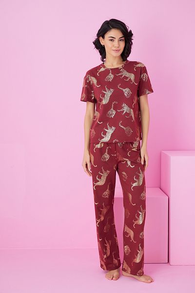 Siyah İnci Burgundy Tiger Varak Printed Knitted Pajama Suit7845