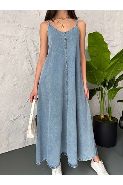 Elif Özbey Butik Rochie lungă Blue Jean - Design cu bretele