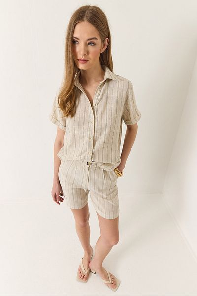 Bianco Lucci Women's Linen Striped Shorts Shirt Set 60284042