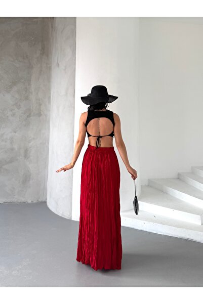 Sıppa Kırışık Pileli Beli Lastikli Uzun Maxi Etek