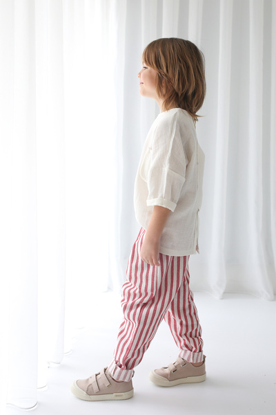 Catz Kids Red and White Striped Linen Carrot Pants + White Muslin Pocket Detailed Shirt