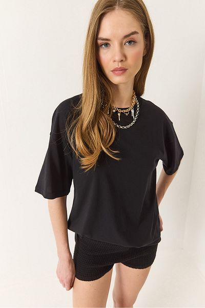Bianco Lucci Women's 100% Organic Cotton Relaxed Fit Slit Round Neck T-Shirt 60602047