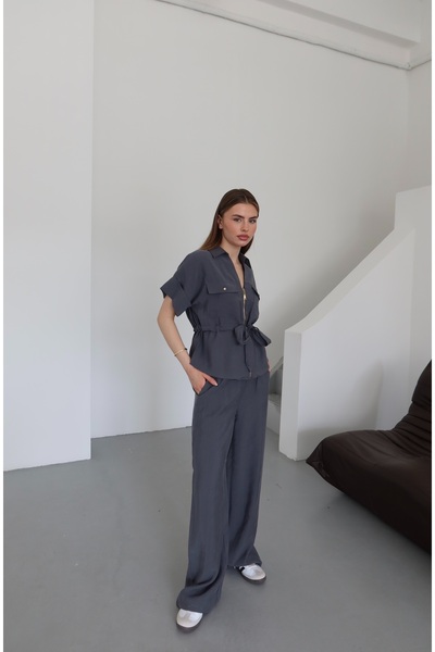 Laluvia Anthracite Front Zippered Belted Suit - 7222