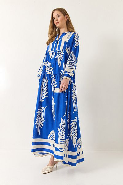 Bianco Lucci Women's V-Neck Button Detailed Patterned Summer Loose Long Viscose Dress 2423 60283228
