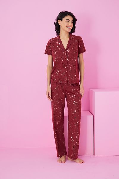 Siyah İnci Burgundy Star Varak Printed Knitted Buttoned Pajama Suit7846