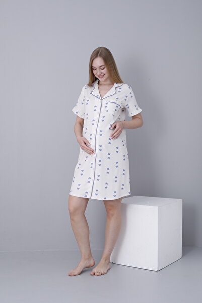 Miss Dünya Lissa Cămașă Guler Față Mânecă cu nasturi Volană Detaliată Tesatura Tesatura Maternitate și Maternitate Cămașă de noapte