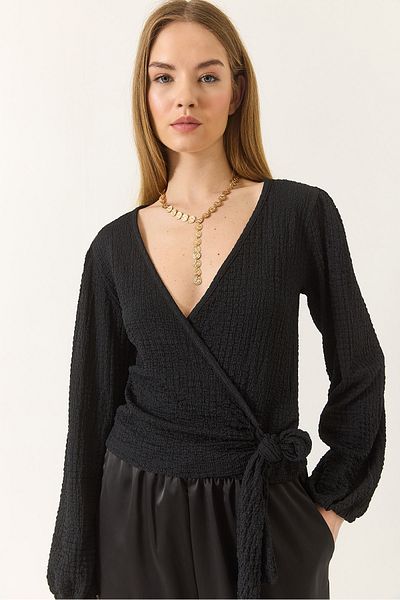 Bianco Lucci Women's Double Breasted Collar Long Sleeve Seersucker Blouse with Lacing Detail 0441 60283229