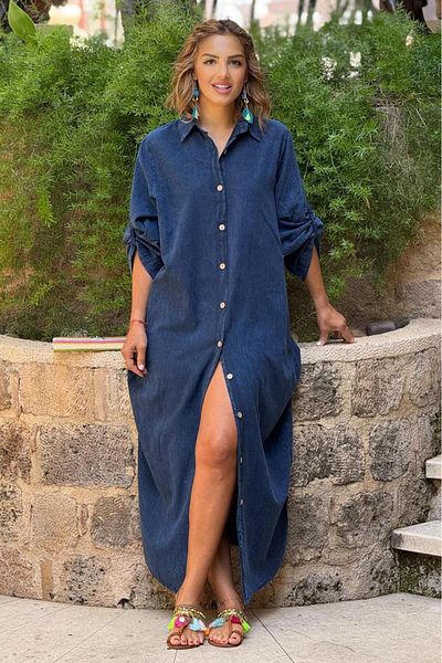 Nevin Kaya Moda Rochie cămașă cu vopsea albastră