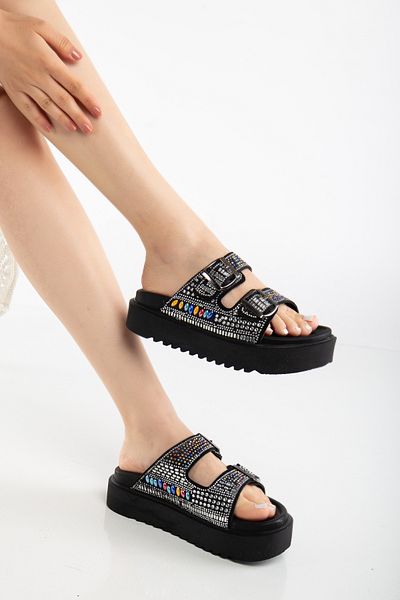Reyonda ayakkabı Women's Natural Stone High Sole Black Double Buckle Natural Stone Orthopedic Slippers