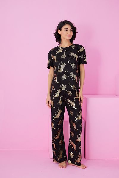Siyah İnci Black Tiger Foil Printed Knitted Pajama Suit7845