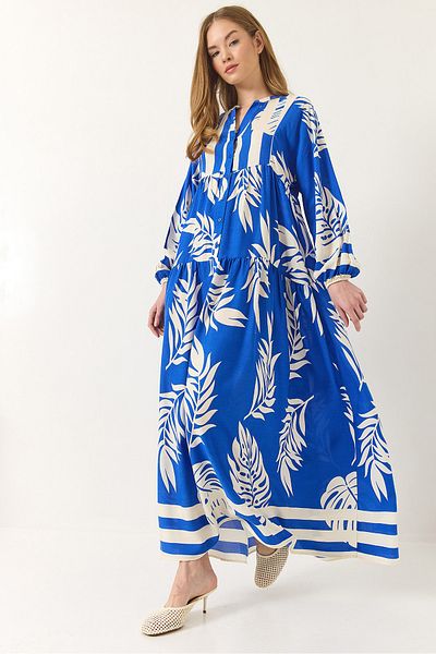 Bianco Lucci Women's V-Neck Button Detailed Patterned Summer Loose Long Viscose Dress 2423 60283228