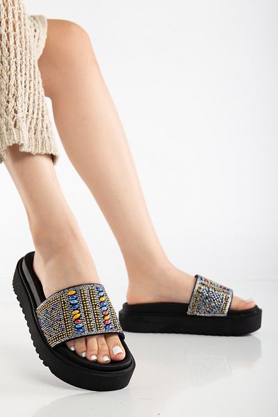 Reyonda ayakkabı Women's Natural Stone High Sole Black Tekband Orthopedic Slippers