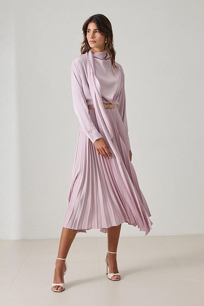 Setre Dark Powder Belt Detailed Pleated Long Sleeve Midi Dress