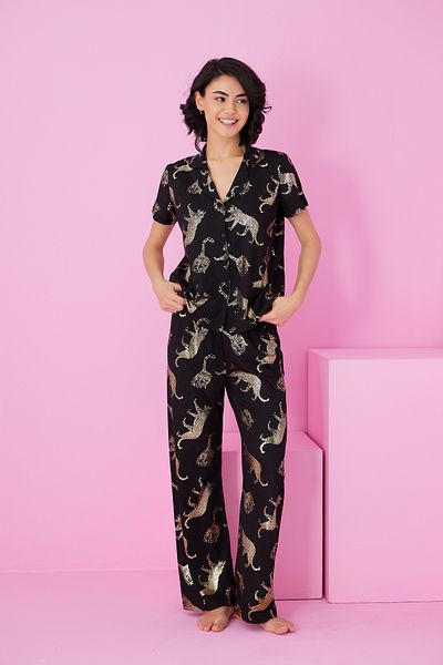 Siyah İnci black tiger Foil Printed Knitted Button Pajama Set7846