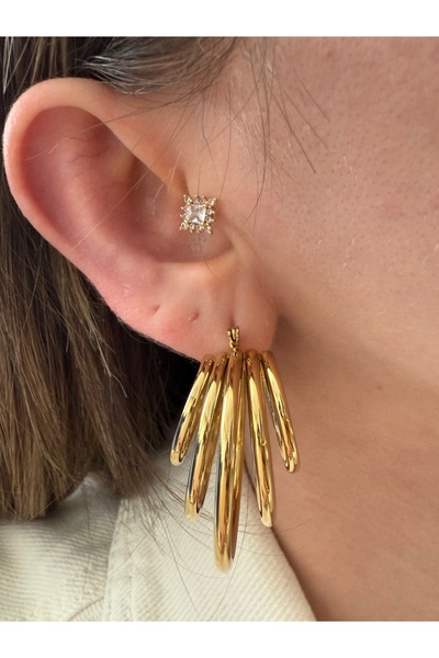 Pinery Jewels 5 Sıra Halka Çelik Kararmaz Çelik Kaplama Küpe Çifti