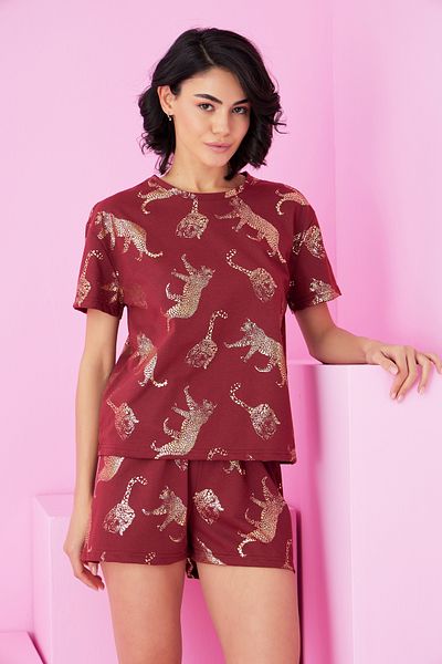 Siyah İnci Burgundy Tiger Varak Printed Knitted Shorts Set7847