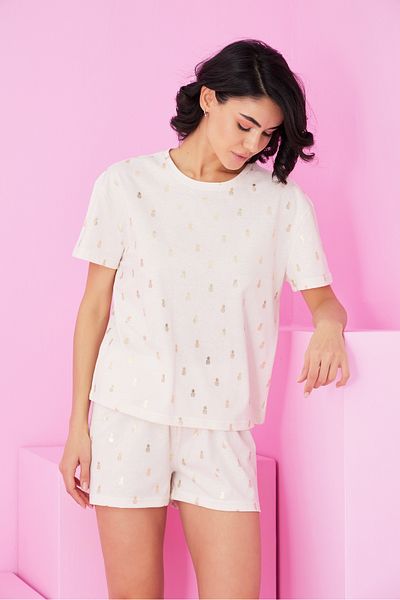Siyah İnci Ecru Pineapple Foil Printed Knitted Shorts Set7847