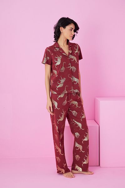 Siyah İnci Costum de pijama cu nasturi tricotat cu imprimeu de tablă de tigru burgundy7846