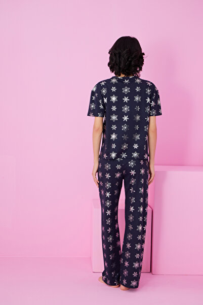 Siyah İnci Navy Blue Snowflake Foil Printed Knitted Pajama Suit7845