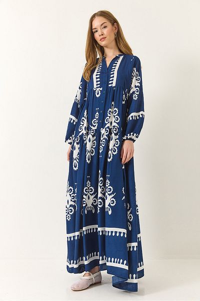 Bianco Lucci Women's V-Neck Button Detailed Patterned Summer Loose Long Viscose Dress 2423 60283228