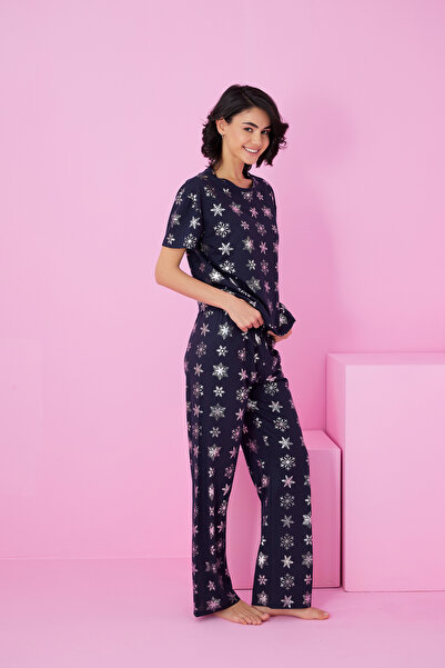 Siyah İnci Navy Blue Snowflake Foil Printed Knitted Pajama Suit7845