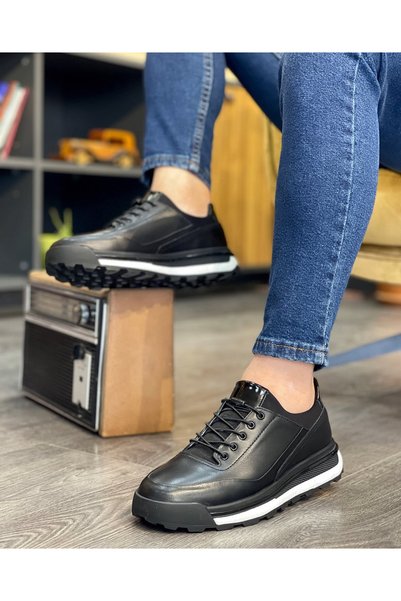 NYZ Black Genuine Leather Rubber Laced Casual Sports Shoes