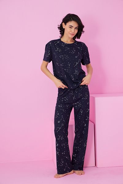 Siyah İnci Navy Blue Little Star Varak Printed Knitted Pajama Suit7845