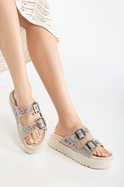 Reyonda ayakkabı Women's Natural Stone High Sole Beige Double Buckle Natural Stone Orthopedic Slippers