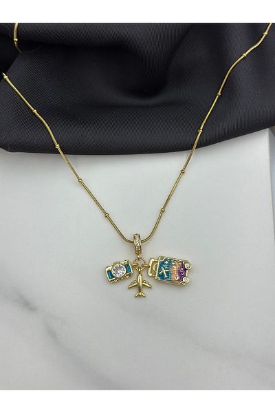 Lumiera Gold Colorful Enamel Travel Vacation Themed Airplane Suitcase Suitcase Camera Charm Steel Pendant
