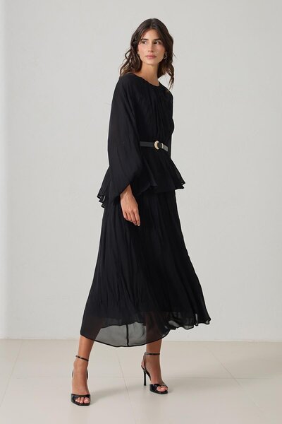Setre Black Wide Cut Waist Belt Detailed Long Sleeve Flowy Loose Midi Length Dress
